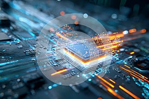 Close-up View of a Glowing Computer CPU With Illuminated Circuits and Data Streams in a Futuristic Setting