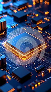 Close-up view of a glowing computer processor chip on a circuit board