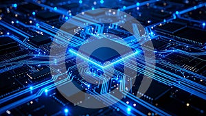 Close-up view of a glowing computer processor chip and circuit board detail