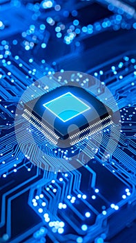 Close-up view of a glowing computer processor on a circuit board, technology background.