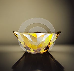 Close up view of glowing crystal glass bowl. Yellow faceted dish in Art Deco style