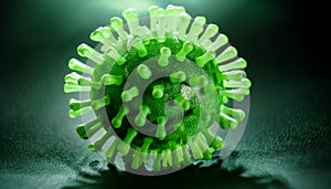 Close-up view of a glowing green virus molecule