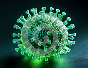 Close-up view of a glowing green virus molecule