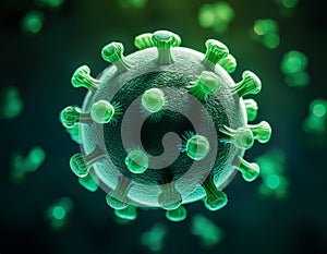 Close-up view of a glowing green virus molecule