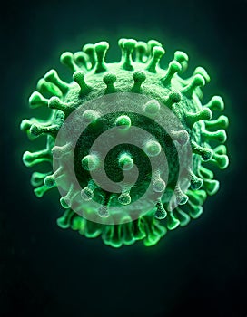 Close-up view of a glowing green virus molecule