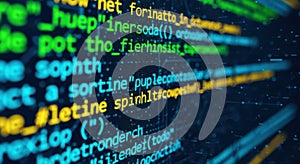 Close-up view of glowing lines of colorful code on a dark computer screen