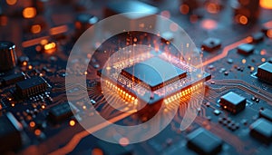 Close up view of glowing microchip on circuit board. Futuristic technology, data processing, advanced computing. Digital