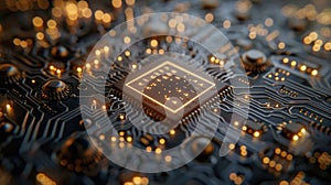 Golden Glow of Central Processing Unit on a Complex Circuit Board Close-Up