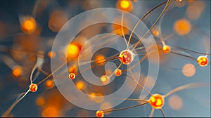 Close-up view of glowing neuron cells interconnected by thin filaments illustrating complex neural networks and communication