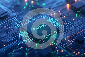 A close-up view of a glowing VPN chip on a dark circuit board photo