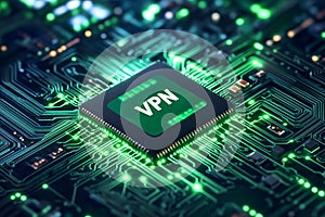 A close-up view of a glowing VPN chip on a dark circuit board photo