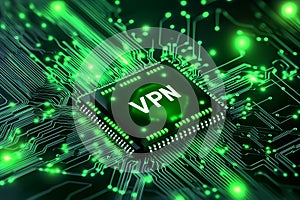 A close-up view of a glowing VPN chip on a dark circuit board photo