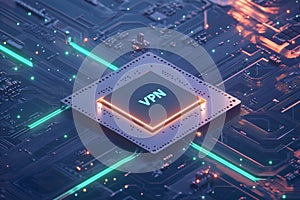 A close-up view of a glowing VPN chip on a dark circuit board photo
