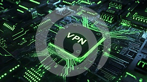 A close-up view of a glowing VPN chip on a dark circuit board photo