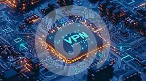 A close-up view of a glowing VPN chip on a dark circuit board photo