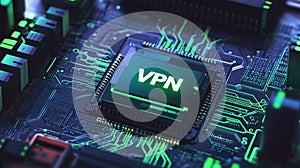 A close-up view of a glowing VPN chip on a dark circuit board photo