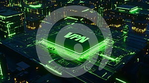 A close-up view of a glowing VPN chip on a dark circuit board photo