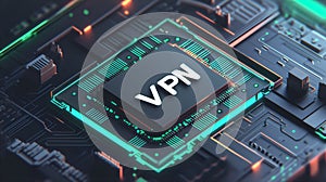 A close-up view of a glowing VPN chip on a dark circuit board photo