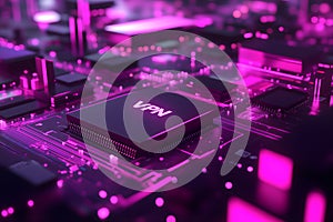 A close-up view of a glowing VPN chip on a dark circuit board photo