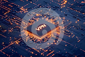 A close-up view of a glowing VPN chip on a dark circuit board photo