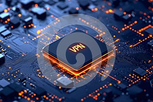 A close-up view of a glowing VPN chip on a dark circuit board photo
