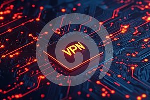 A close-up view of a glowing VPN chip on a dark circuit board photo