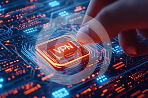 A close-up view of a glowing VPN chip on a dark circuit board photo