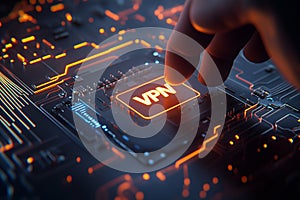 A close-up view of a glowing VPN chip on a dark circuit board photo