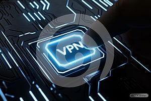 A close-up view of a glowing VPN chip on a dark circuit board photo