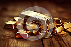 close-up view of gold bars forms the backdrop for a financial concept that symbolizes wealth, investment, and financial success.