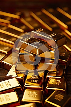 close-up view of gold bars forms the backdrop for a financial concept that symbolizes wealth, investment, and financial success.