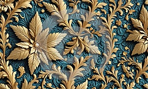 close-up view gold leaf pattern on blue background, featuring intricate designs and central flower-like