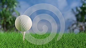 Close up view Golf ball on tee on green grass 3D Rendering