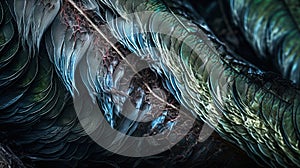 a close up view of a green and blue bird\'s feathers