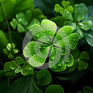 Close-up view of green clovers with drops of water, dew. Green four-leaf clover symbol of St. Patrick\'