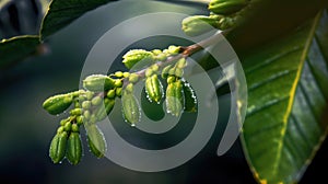 Close-up view of green leaves and buds on an oak tree. These leaves are covered in dew, which is visible as droplets on