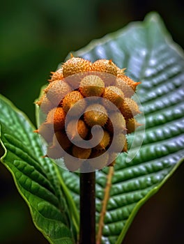 Close-up view of green leaves and stems of plant, with several small yellow fruit or nuts on one of them. These fruits