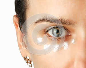 Close up view of a green woman eye, Eye cream treatment