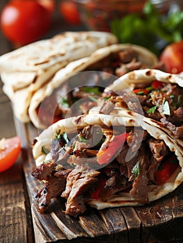 A close-up view of grilled meat tacos, nestled in soft tortillas and garnished with fresh herbs. The juicy meat is