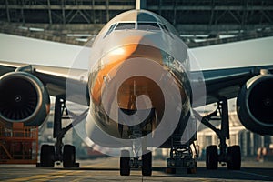 Close-up view from the ground of a cargo plane at the airport. Front view of a wide-body jet taxiing onto the runway