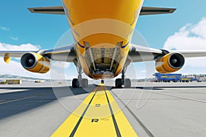 Close up view from the ground of a modern civil aircraft on the airfield runway. Wide body aircraft ready to take off