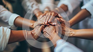 Close-up view of a group of diverse hands placed one on top of the other in a stack. AI generated