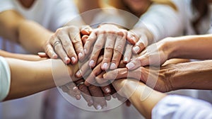 Close-up view of a group of diverse hands placed one on top of the other in a stack. AI generated
