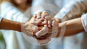 Close-up view of a group of diverse hands placed one on top of the other in a stack. AI generated