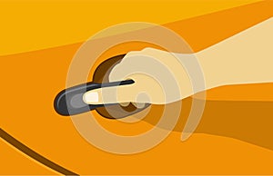 Close up view of a hand opening a car rear door. Hand on handle. Flat vector illustration.