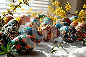 A close-up view of hand-painted Easter eggs illuminated by the sun's rays.