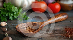 Close-up view of a handheld wooden kitchen utensil, emphasizing the grain of sustainably sourced wood, with fresh