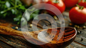 Close-up view of a handheld wooden kitchen utensil, emphasizing the grain of sustainably sourced wood, with fresh