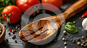 Close-up view of a handheld wooden kitchen utensil, emphasizing the grain of sustainably sourced wood, with fresh