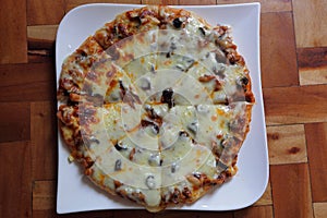 Close up view of handmade pizza on white plate.